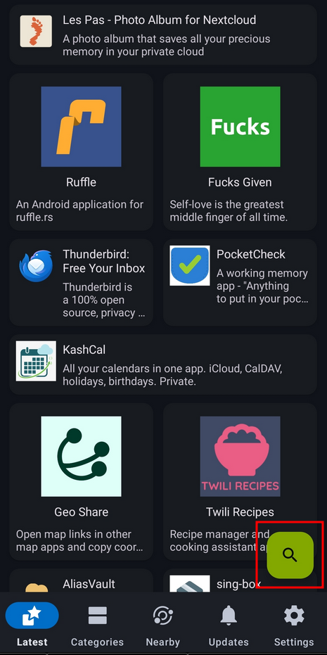 Search button location on F-Droid