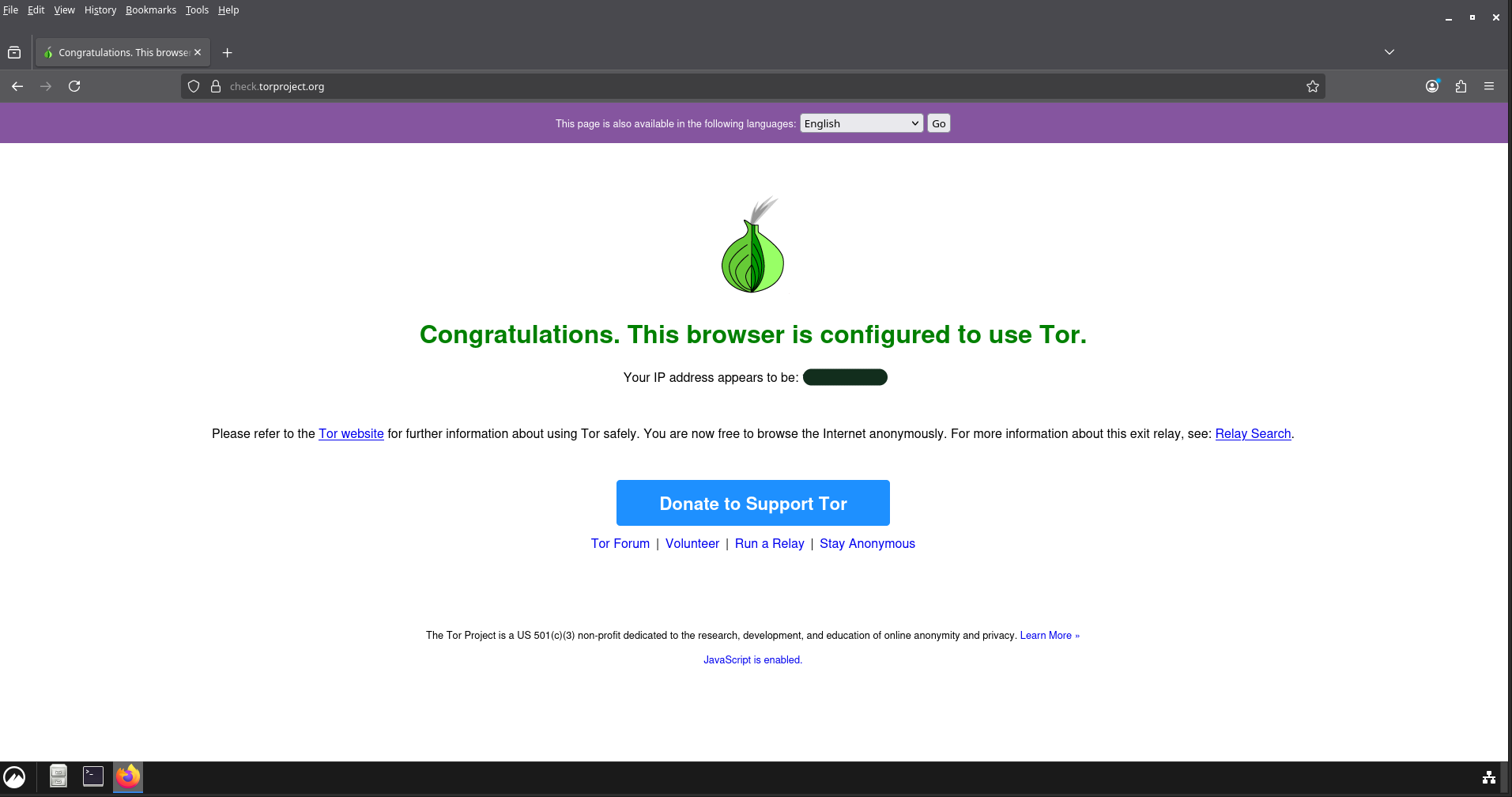 Firefox showing Tor check success