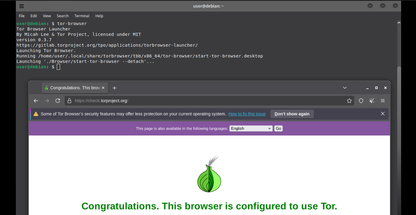Terminal launching tor-browser alias and Tor Browser showing Congratulations