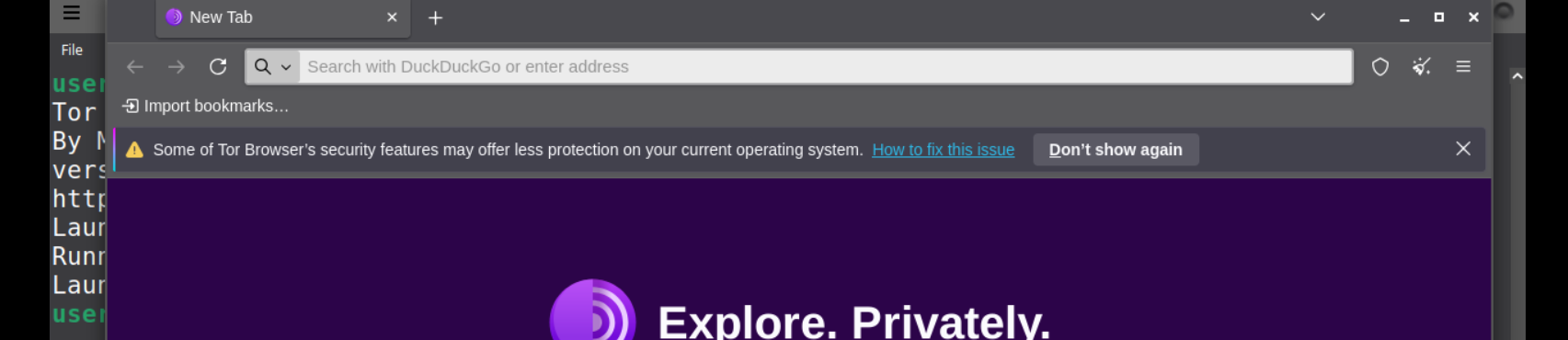 Tor Browser new tab with the OS security warning banner. Safe to dismiss on Debian