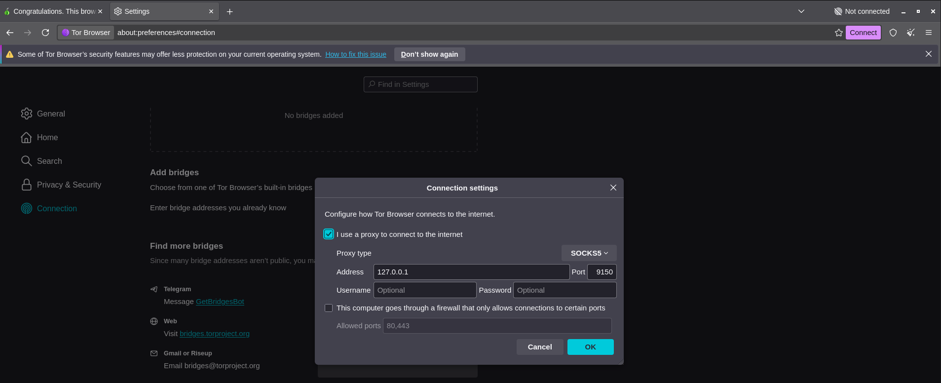 Tor Browser Connection settings panel showing SOCKS5 proxy at 127.0.0.1:9150 with remote DNS enabled